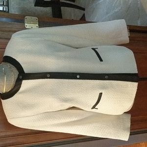 Summer ivory tweed jacket with faux leather trim and zipper detail on sleeves